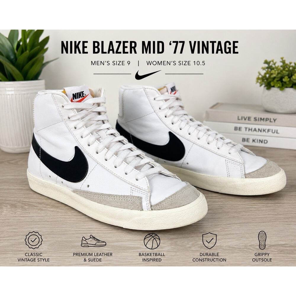Nike Blazer Mid ‘77 Vintage White Black High Top Men’s 9 Women’s 10.5
